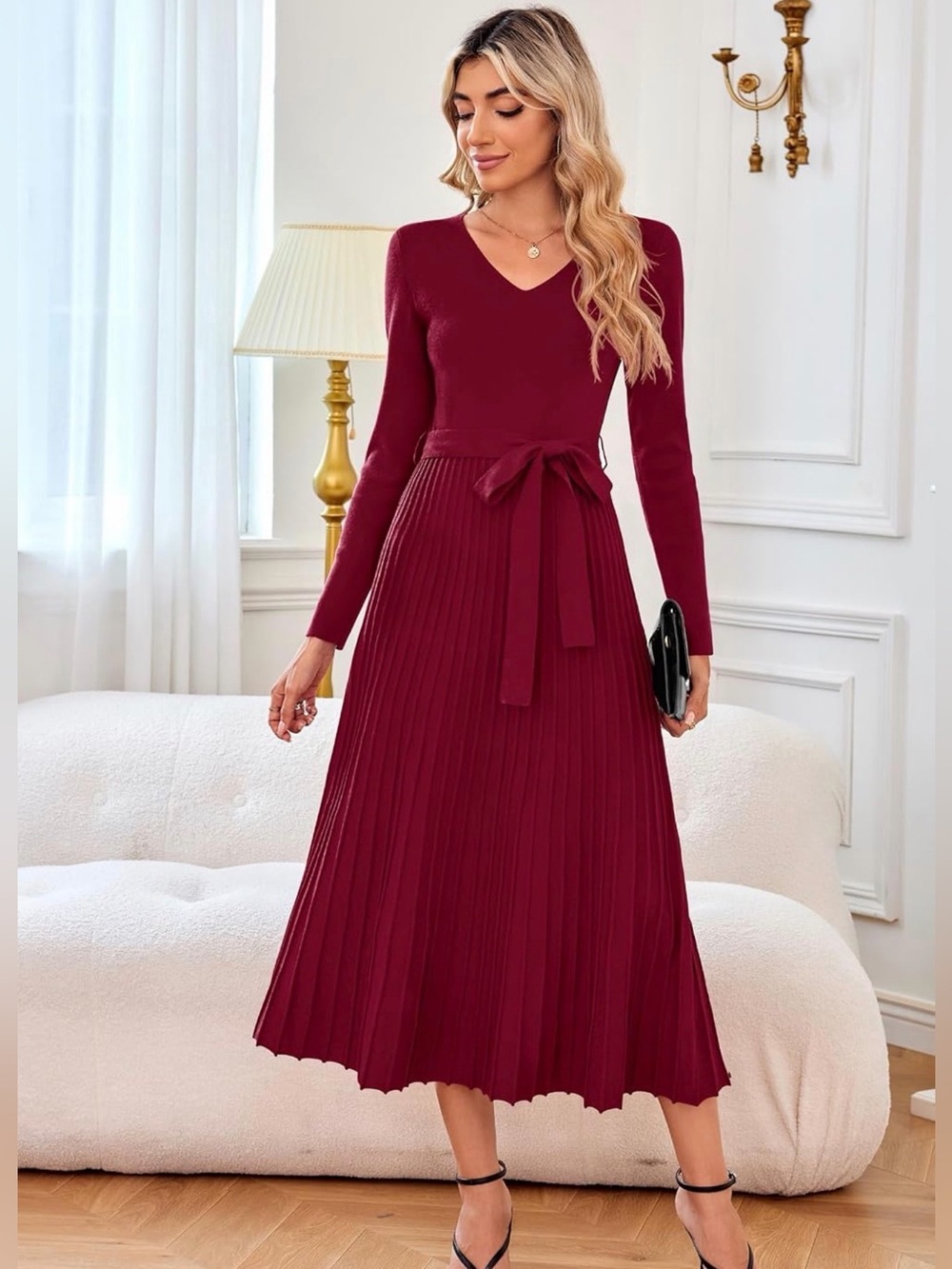NWT V-Neck Long Sleeve Pleated Midi Dress in Wine Wool Blend, Large